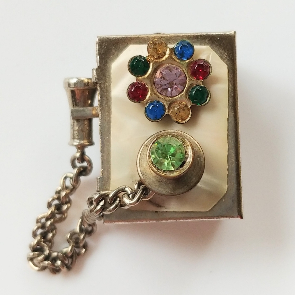 Vintage Antique Telephone Charm Pendant Rhinestone Flower ~ Opens!